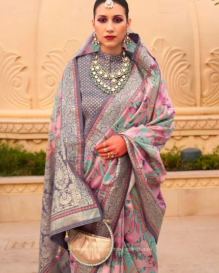 Dusty Pink Silk Floral Print Embellished Saree