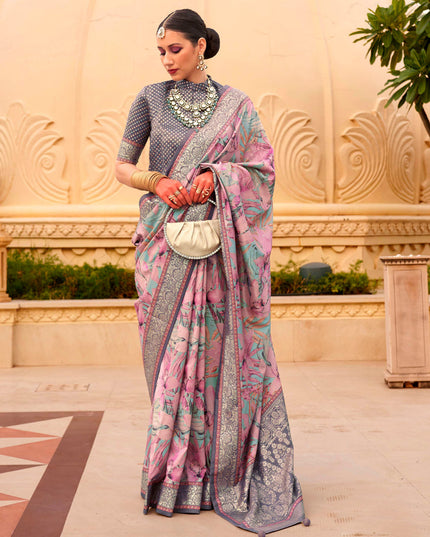 Dusty Pink Silk Floral Print Embellished Saree