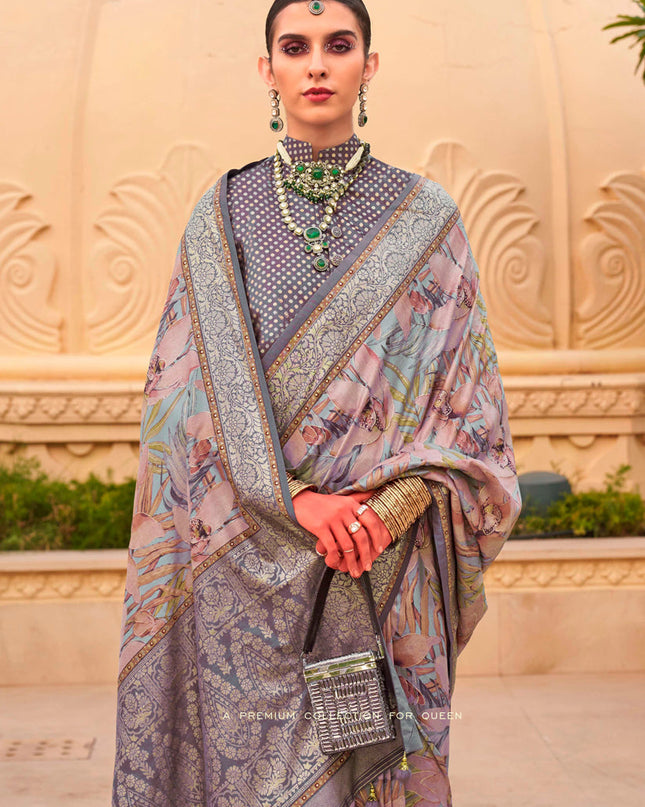 Blush Pink Silk Floral Print Embellished Saree