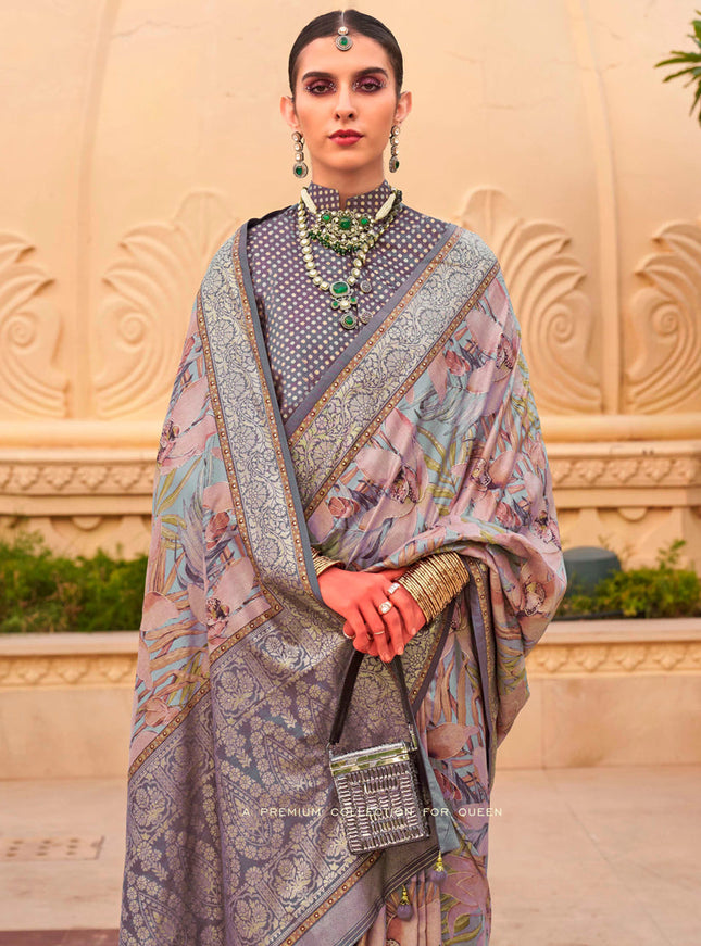 Blush Pink Silk Floral Print Embellished Saree