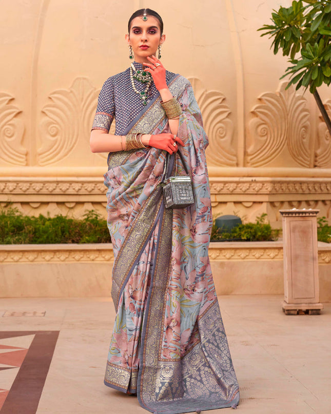 Blush Pink Silk Floral Print Embellished Saree