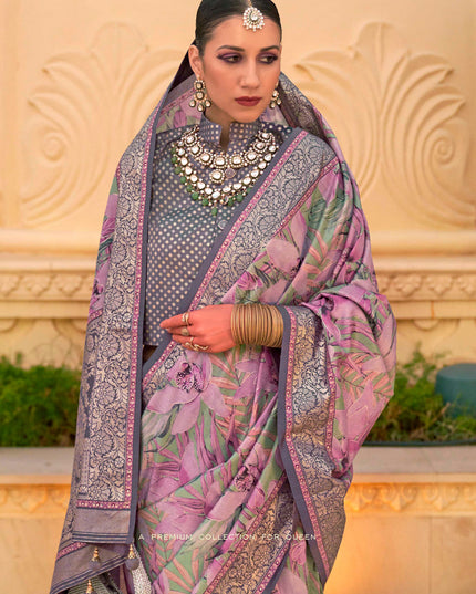 Lilac Pink Silk Floral Print Embellished Saree