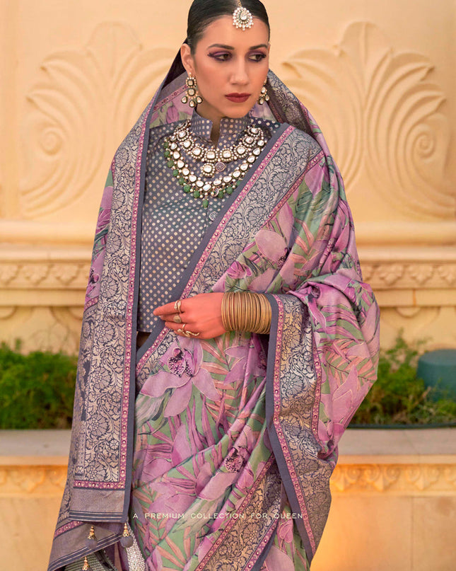 Lilac Pink Silk Floral Print Embellished Saree