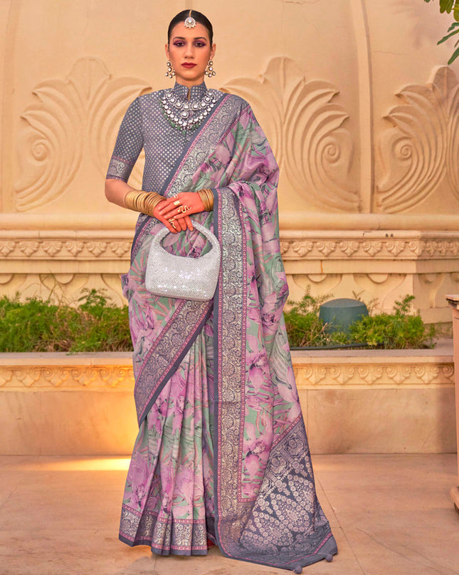 Lilac Pink Silk Floral Print Embellished Saree