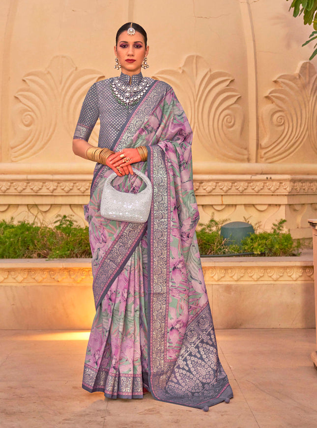 Lilac Pink Silk Floral Print Embellished Saree