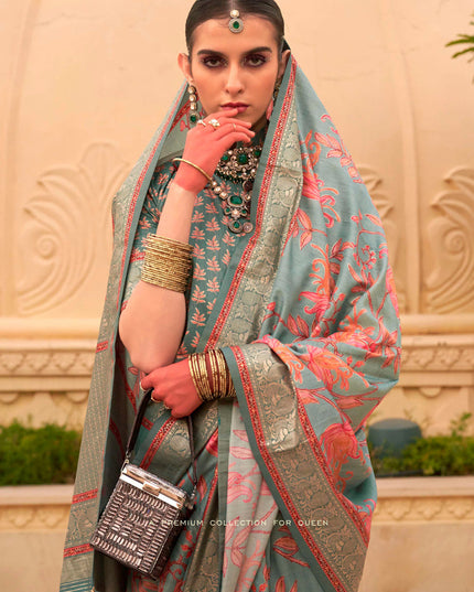 Teal Mint Silk Floral Print Embellished Saree