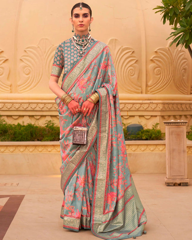 Teal Mint Silk Floral Print Embellished Saree