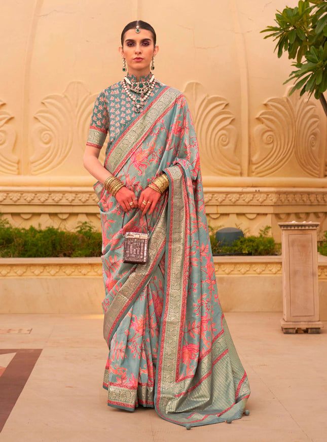Teal Mint Silk Floral Print Embellished Saree