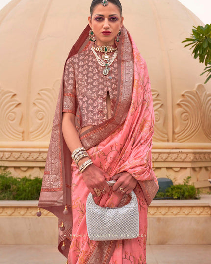 Coral Pink Silk Floral Print Embellished Saree
