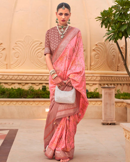 Coral Pink Silk Floral Print Embellished Saree