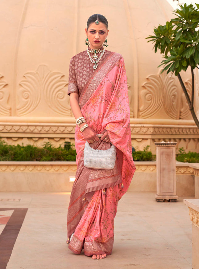 Coral Pink Silk Floral Print Embellished Saree