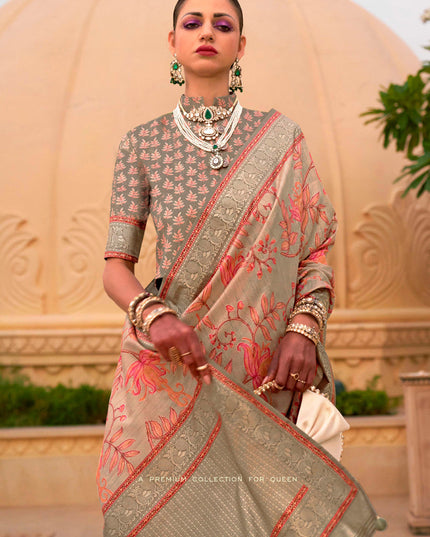 Dusty Cream Silk Floral Print Embellished Saree