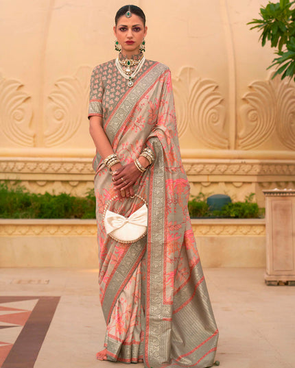 Dusty Cream Silk Floral Print Embellished Saree