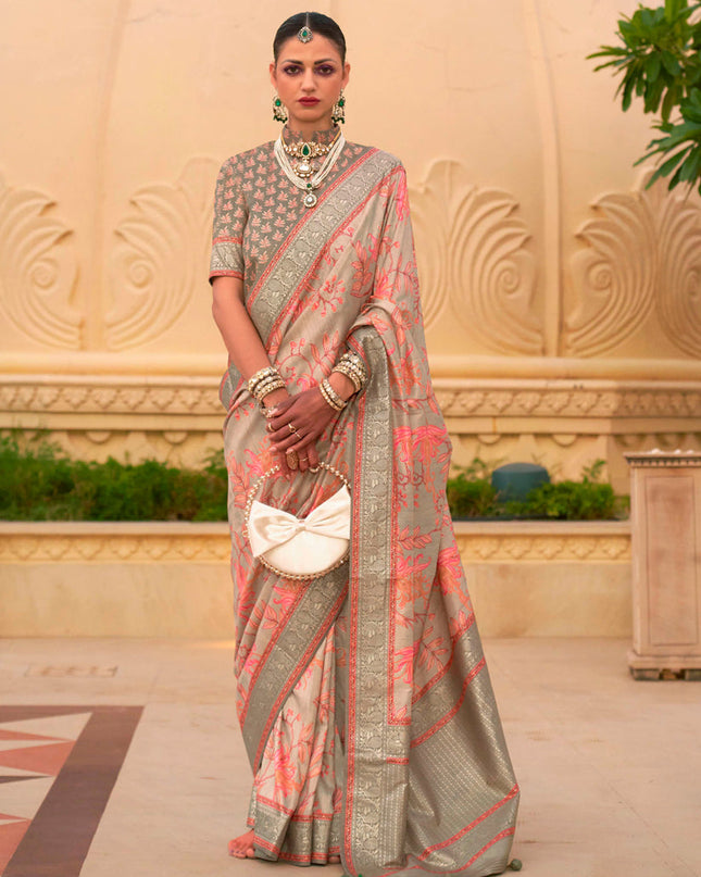 Dusty Cream Silk Floral Print Embellished Saree