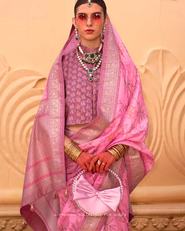 Carnation Pink Silk Floral Print Embellished Saree