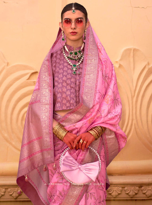 Carnation Pink Silk Floral Print Embellished Saree