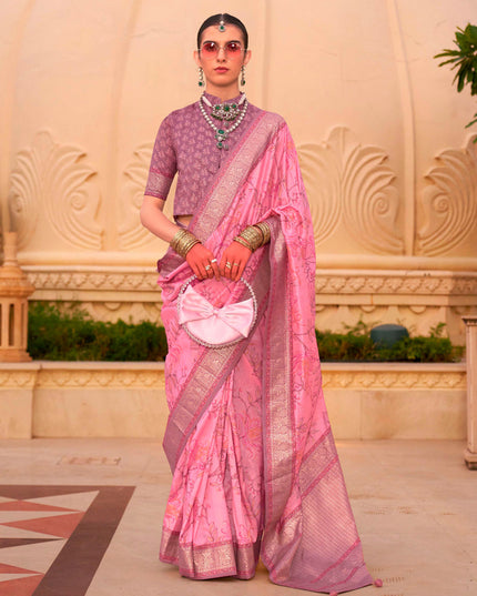 Carnation Pink Silk Floral Print Embellished Saree