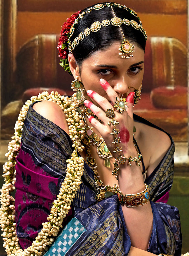 Magenta Mercerized Silk Embellished Saree For Festival