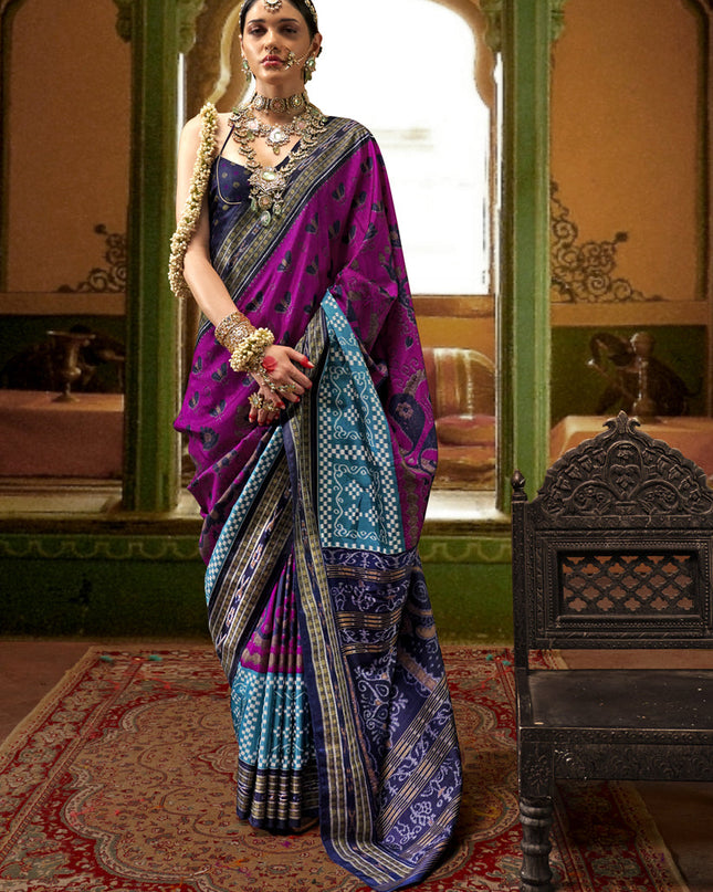 Magenta Mercerized Silk Embellished Saree For Festival