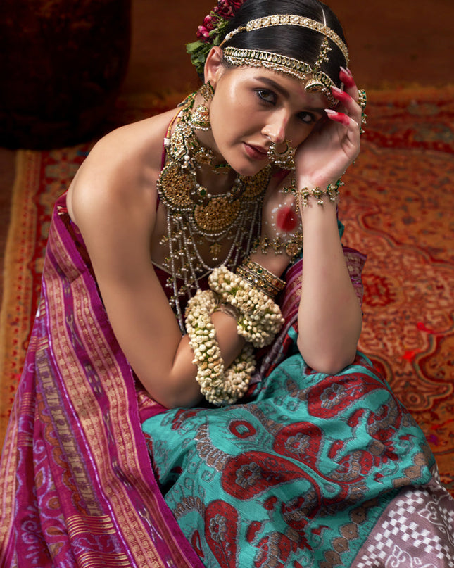 Firozi Mercerized Silk Embellished Saree For Festival