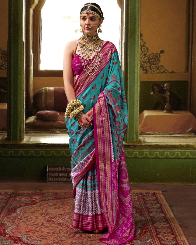 Firozi Mercerized Silk Embellished Saree For Festival