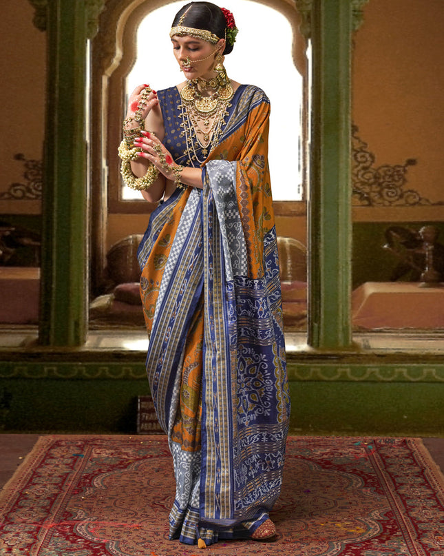 Mustard Mercerized Silk Embellished Saree For Festival