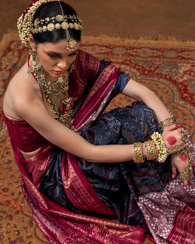 Midnight Blue Mercerized Silk Embellished Saree For Festival