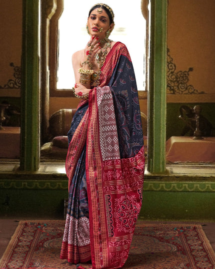 Midnight Blue Mercerized Silk Embellished Saree For Festival