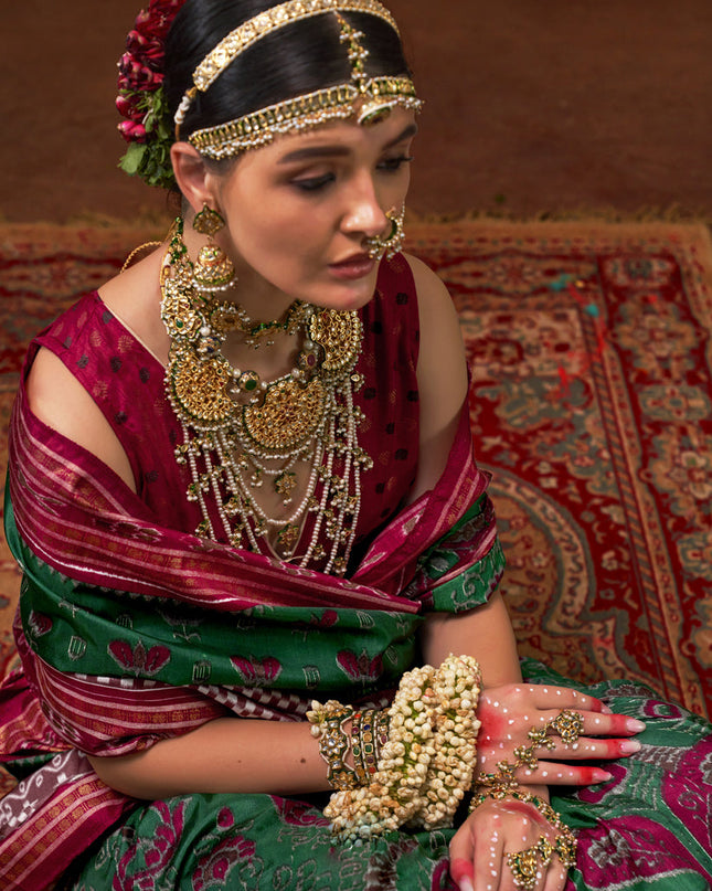 Emerald Green Mercerized Silk Embellished Saree For Festival