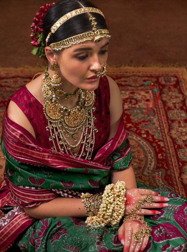 Emerald Green Mercerized Silk Embellished Saree For Festival