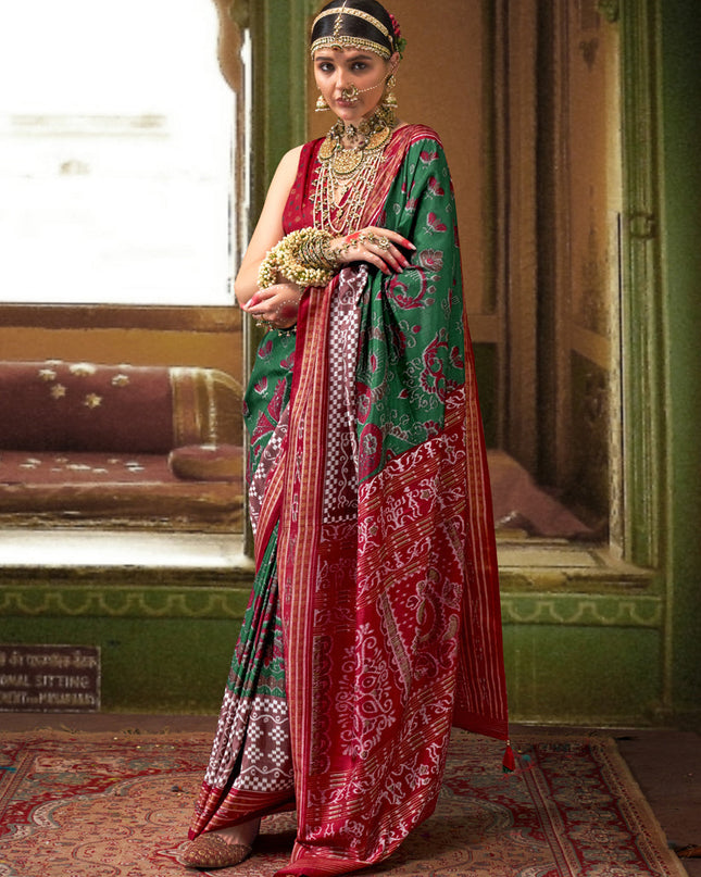 Emerald Green Mercerized Silk Embellished Saree For Festival