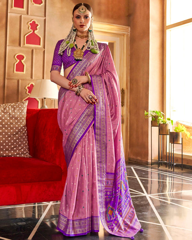 Carnation Pink Silk Sambalpuri Print Saree for Festival