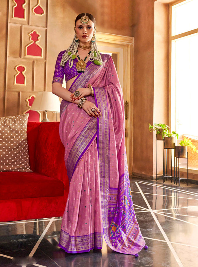 Carnation Pink Silk Sambalpuri Print Saree for Festival