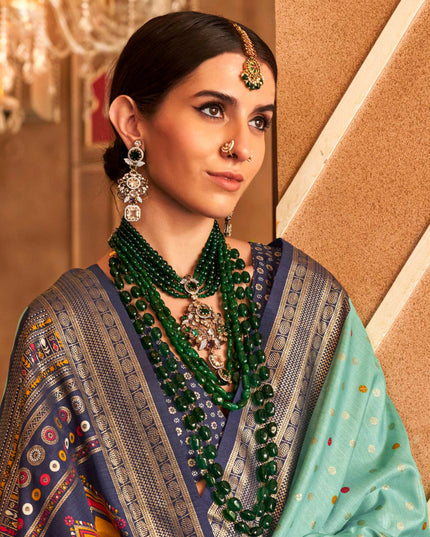 Mint Blue Silk Sambalpuri Print Saree for Festival