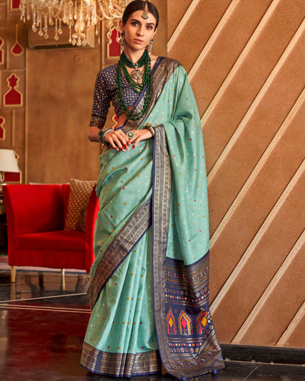 Mint Blue Silk Sambalpuri Print Saree for Festival