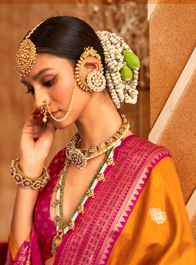 Turmeric Yellow Silk Sambalpuri Print Saree for Festival