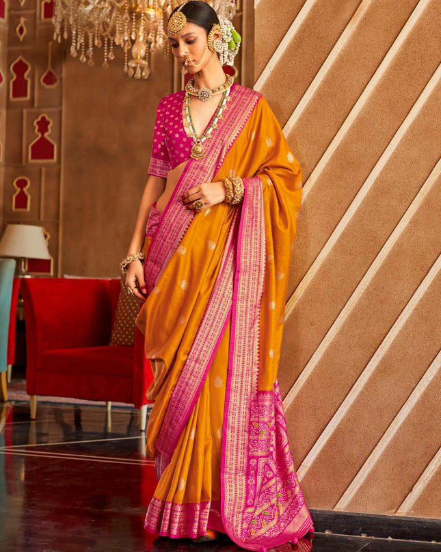 Turmeric Yellow Silk Sambalpuri Print Saree for Festival