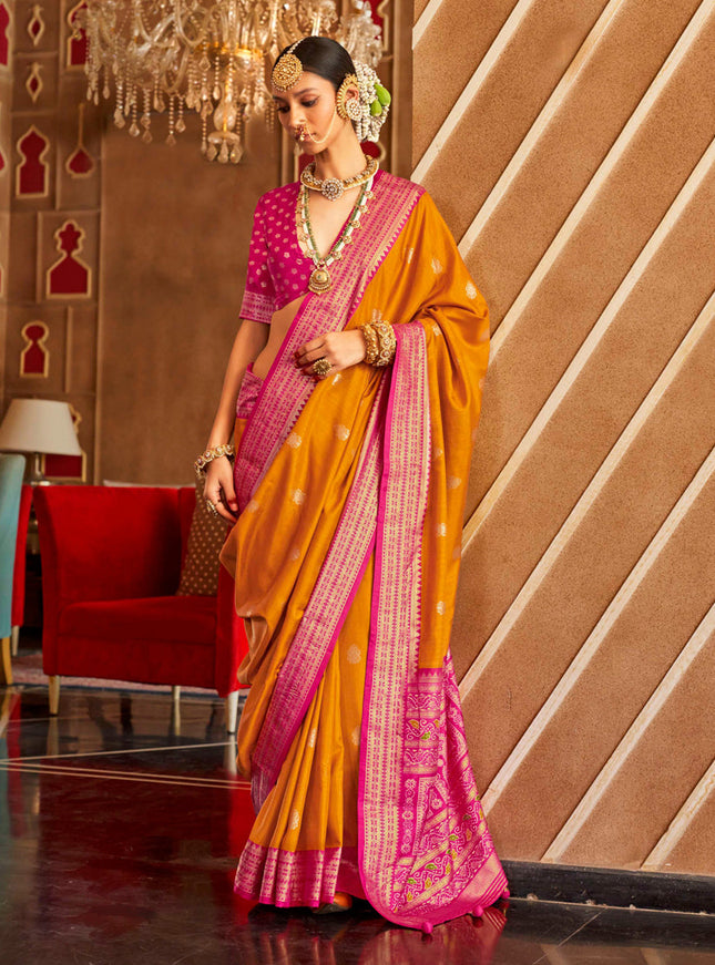 Turmeric Yellow Silk Sambalpuri Print Saree for Festival