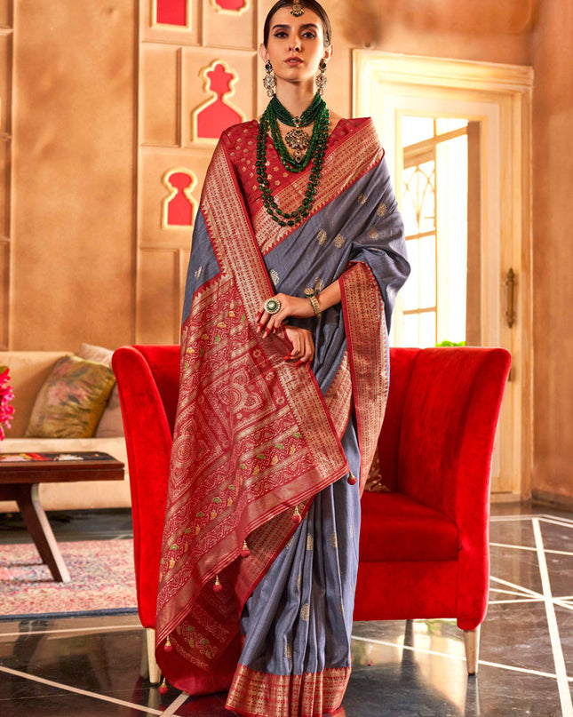 Steel Grey Silk Sambalpuri Print Saree for Festival