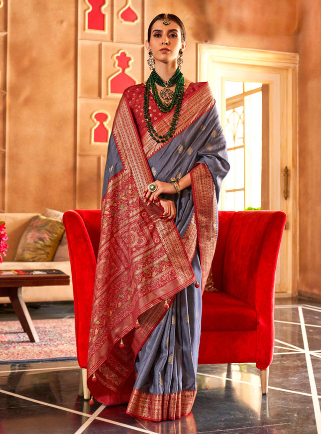 Steel Grey Silk Sambalpuri Print Saree for Festival