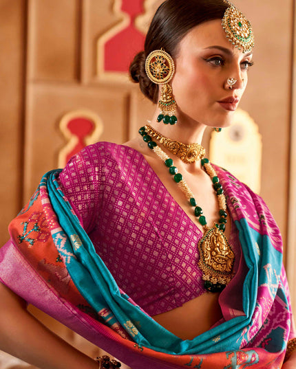 Azure Blue Silk Sambalpuri Print Saree for Festival