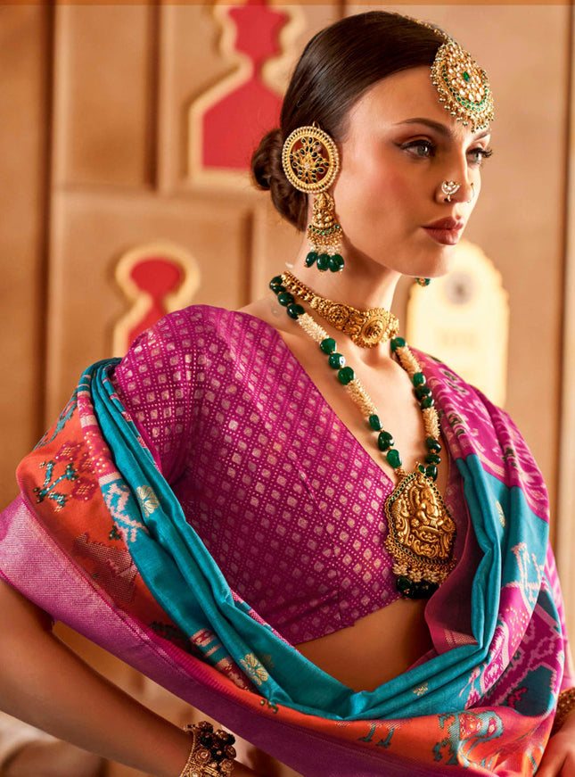 Azure Blue Silk Sambalpuri Print Saree for Festival