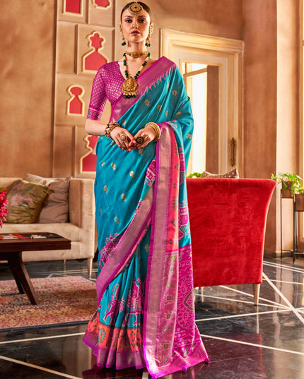 Azure Blue Silk Sambalpuri Print Saree for Festival