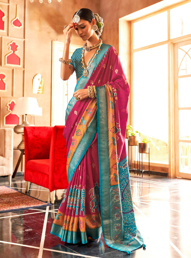 Raspberry Pink Silk Sambalpuri Print Saree for Festival