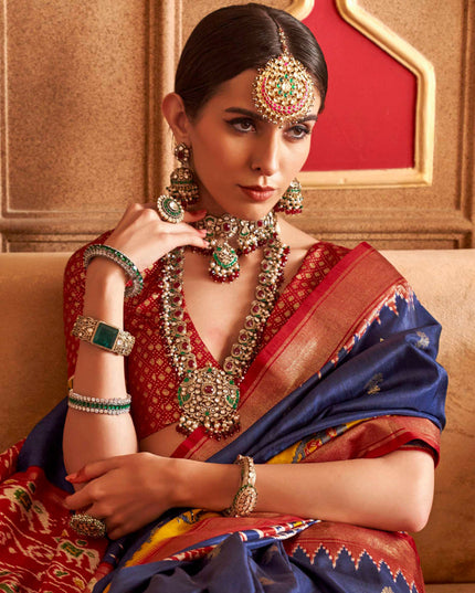 Navy Blue Silk Sambalpuri Print Saree for Festival