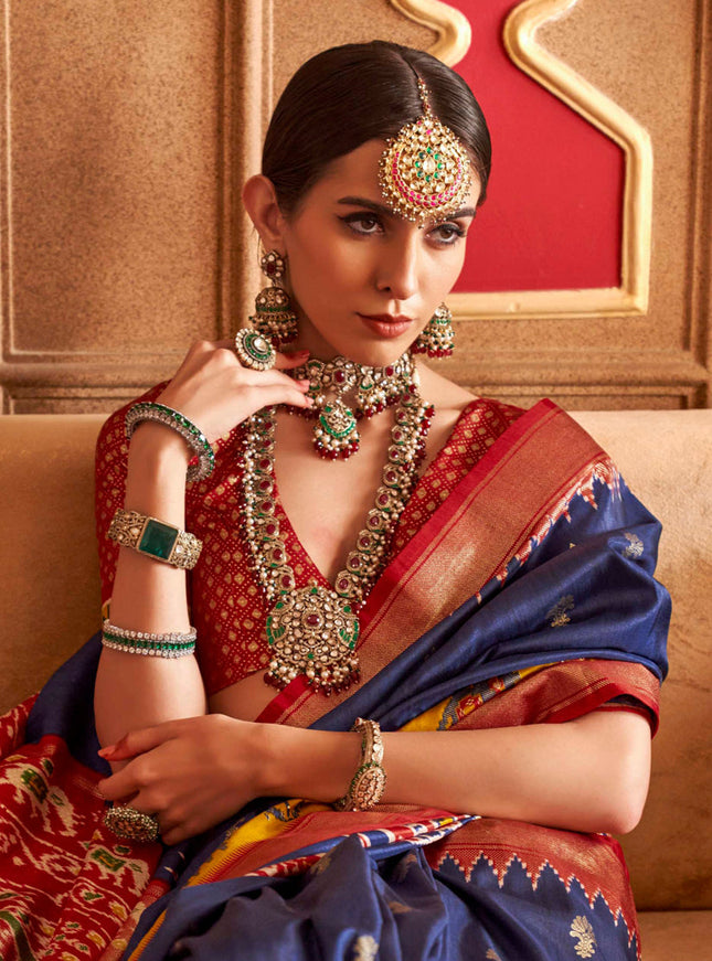 Navy Blue Silk Sambalpuri Print Saree for Festival