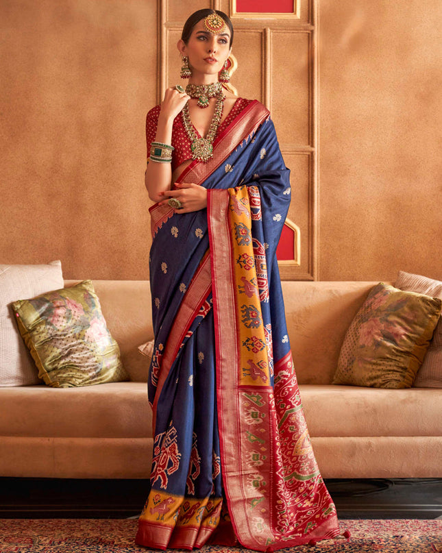 Navy Blue Silk Sambalpuri Print Saree for Festival
