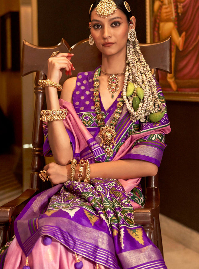 Carnation Pink Silk Patola Saree for Festival