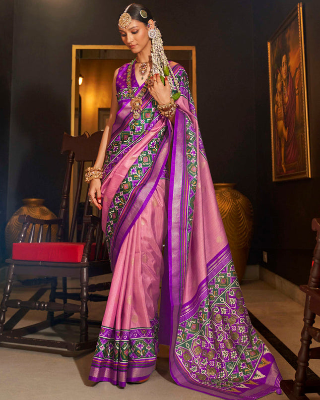 Carnation Pink Silk Patola Saree for Festival