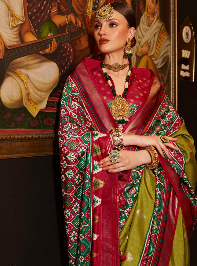 Olive Green Silk Patola Saree for Festival